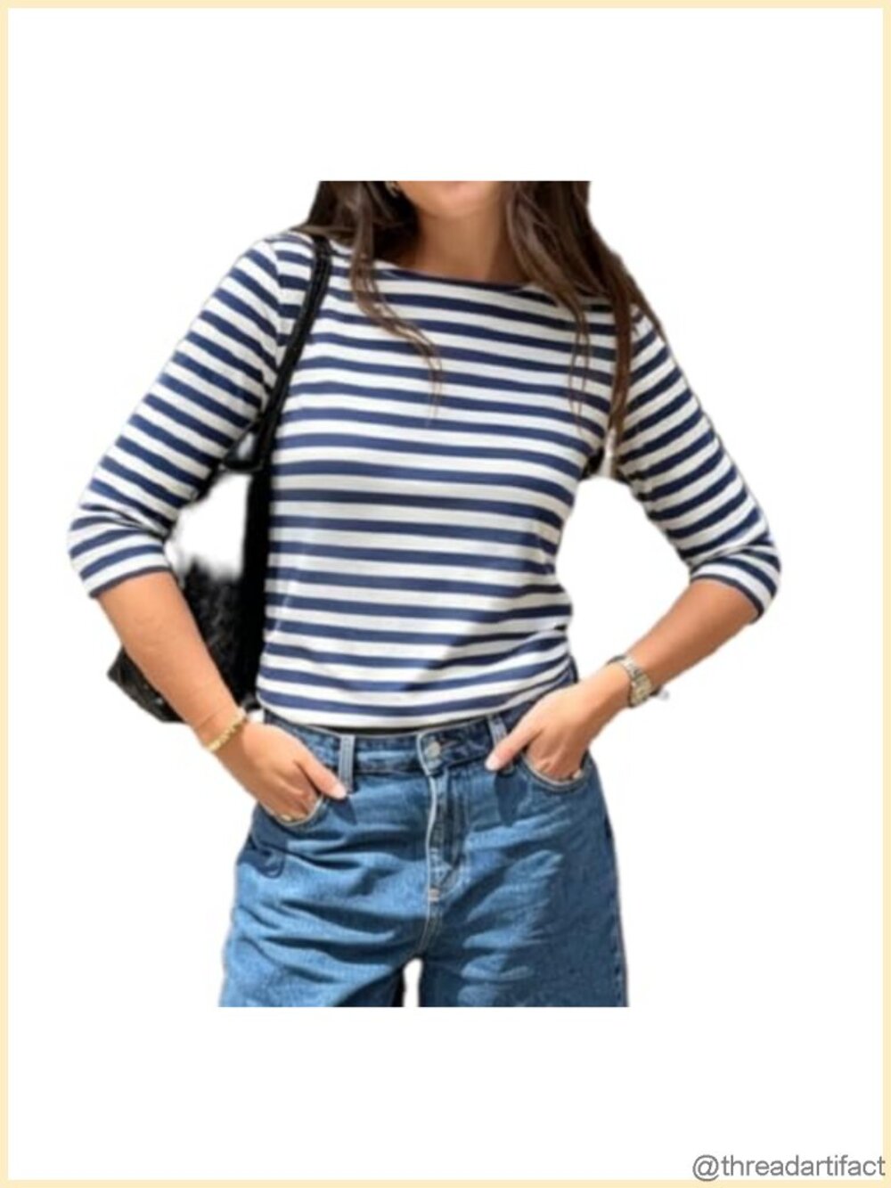 Women Striped Boat Neck Top 3/4 Sleeve Slim Fit Breton Stripe T-Shirt